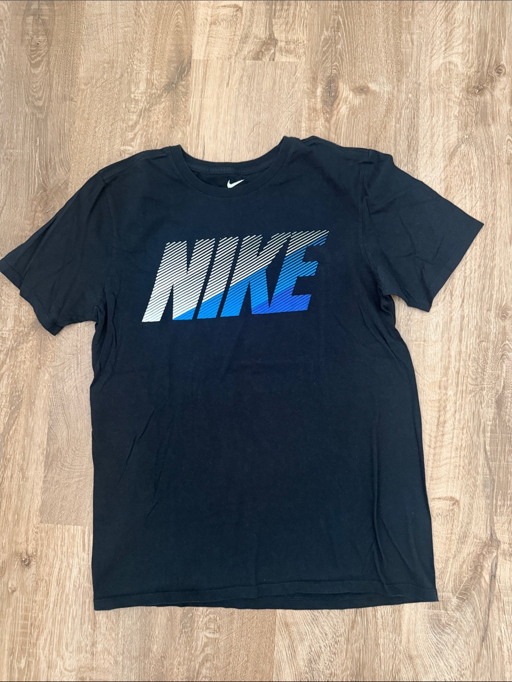 Nike Black T-Shirt with White to Blue Gradient Logo, Size Medium